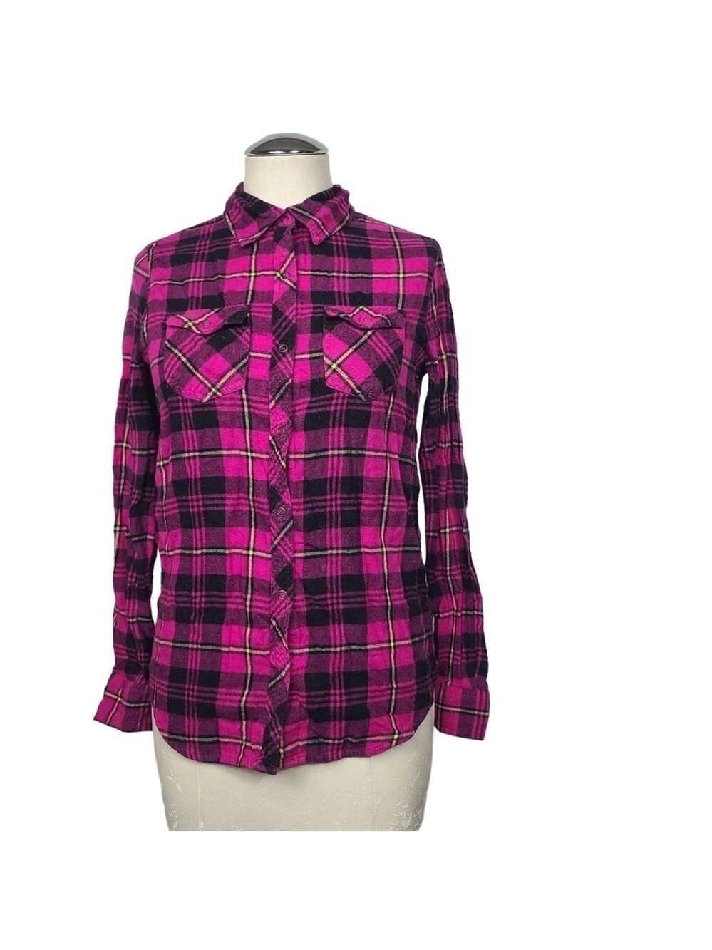 Arizona Pink Black Plaid Long Sleeve Snap Button Down Shirt XS